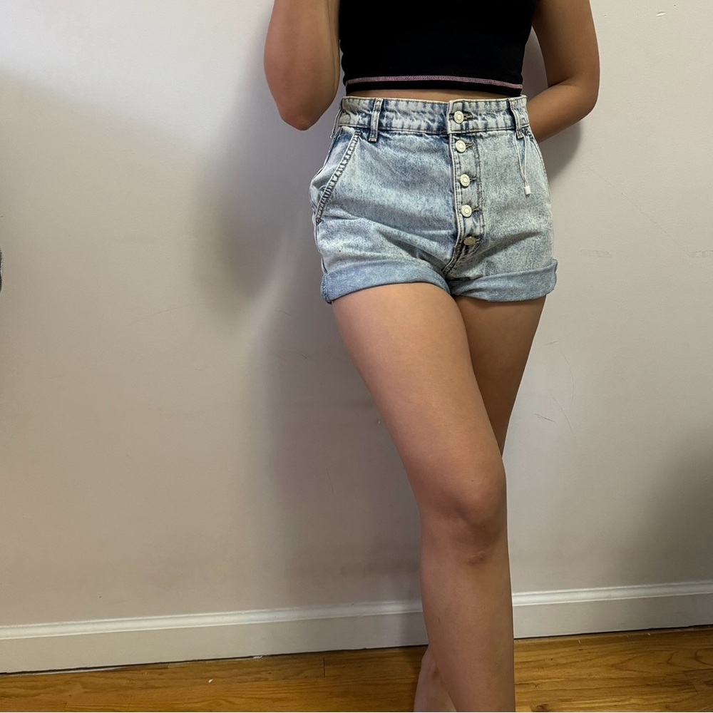 Bershka Light Wash High-Waist Button-Front Jean Shorts